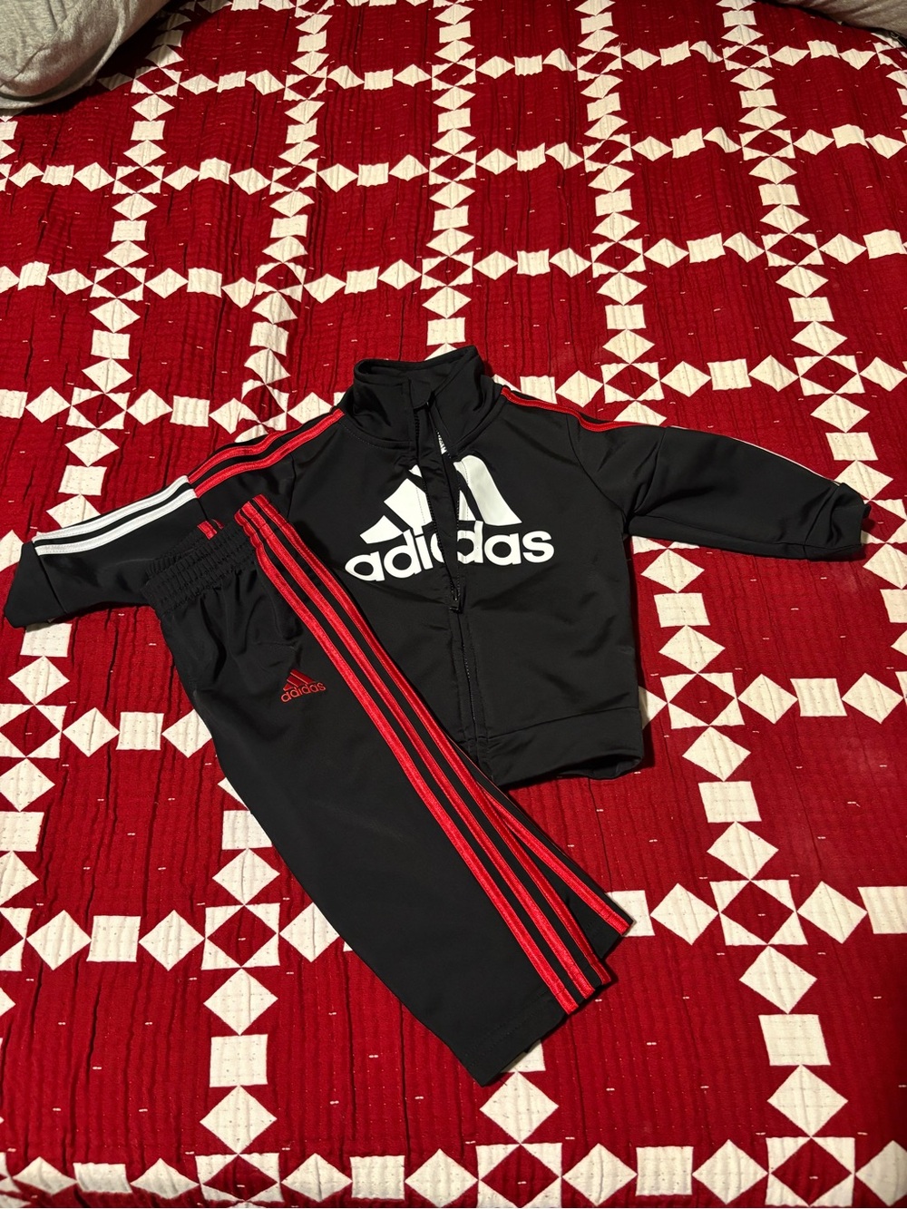 12M adidas Black Youth Track Jacket and Pants with Red Stripes